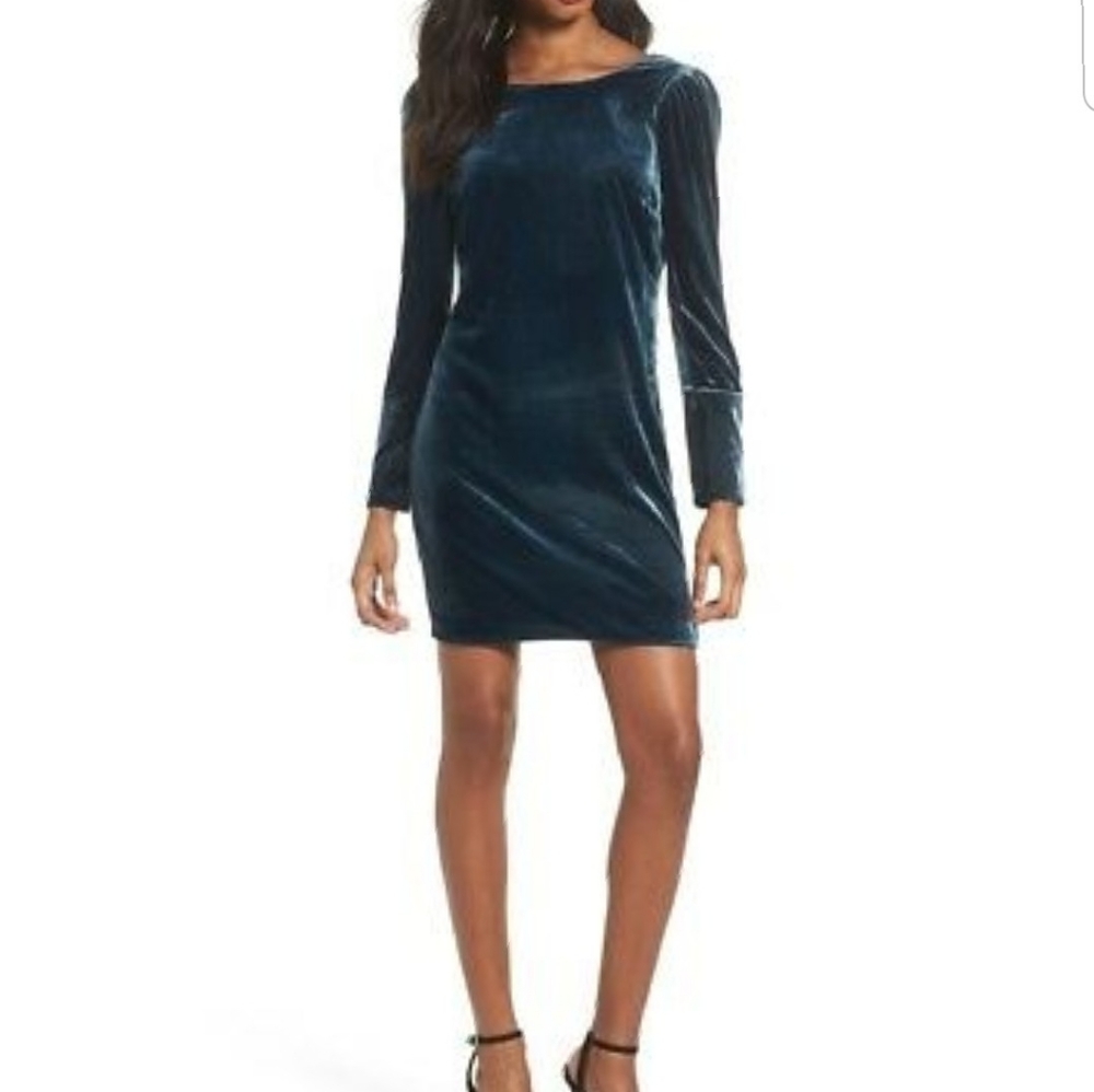 Charles Henry Teal Velvet Long Sleeve Mini Dress